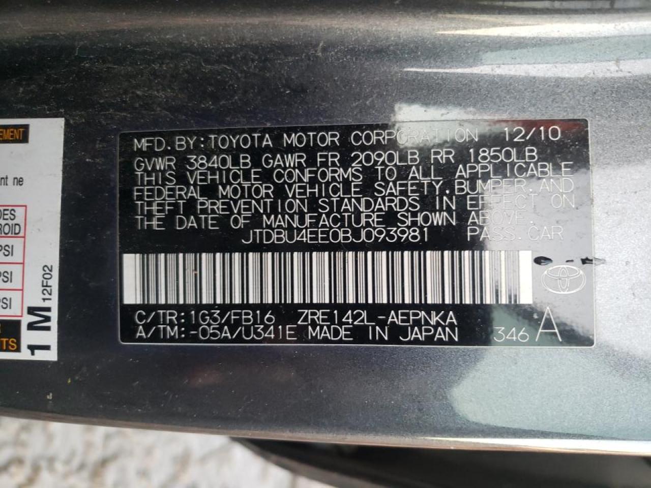 Photo 10 from auction – 2011 TOYOTA COROLLA BA with VIN JTDBU4EE0BJ093981