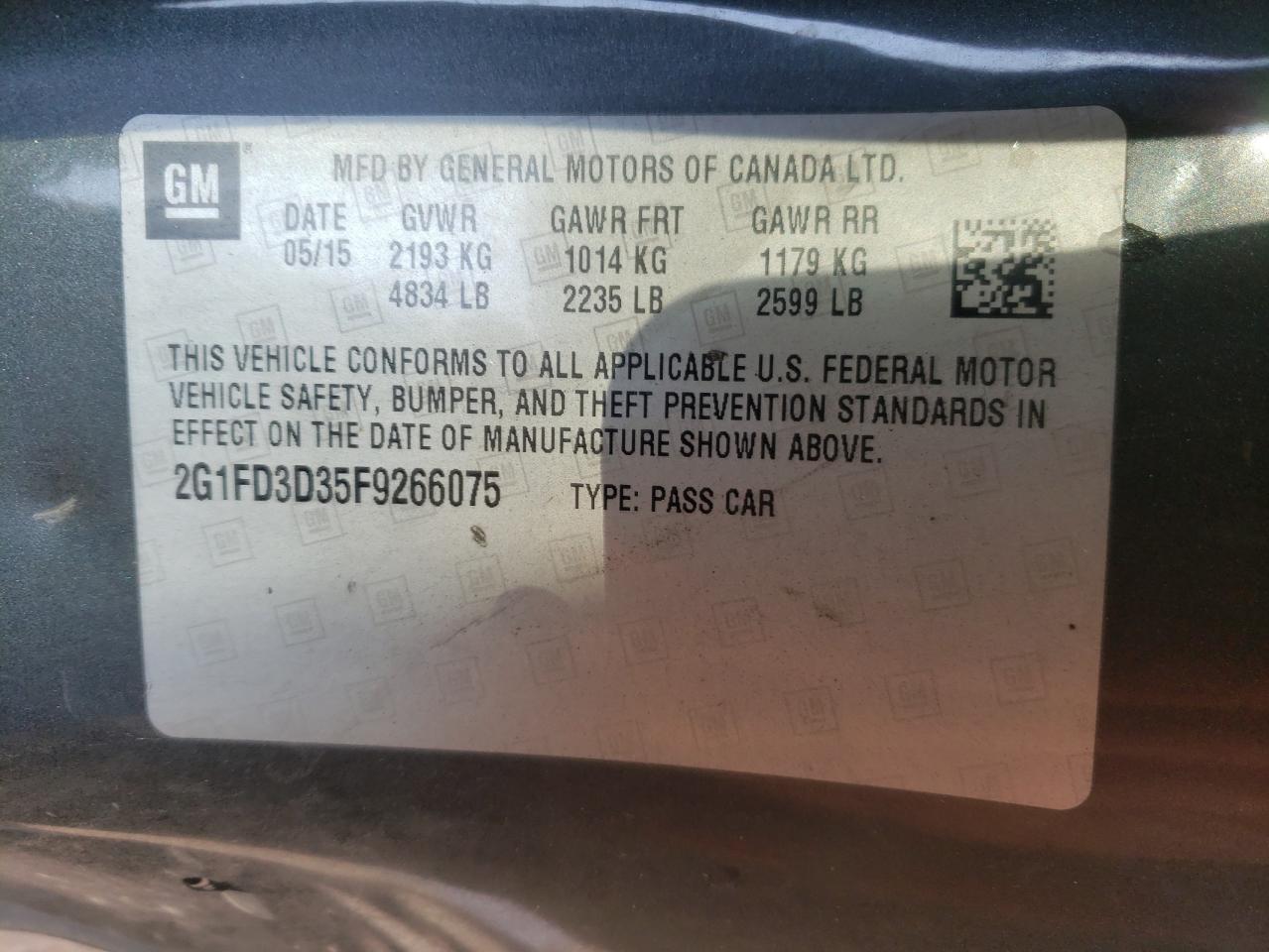 Photo 10 from auction – 2015 CHEVROLET CAMARO LT with VIN 2G1FD3D35F9266075