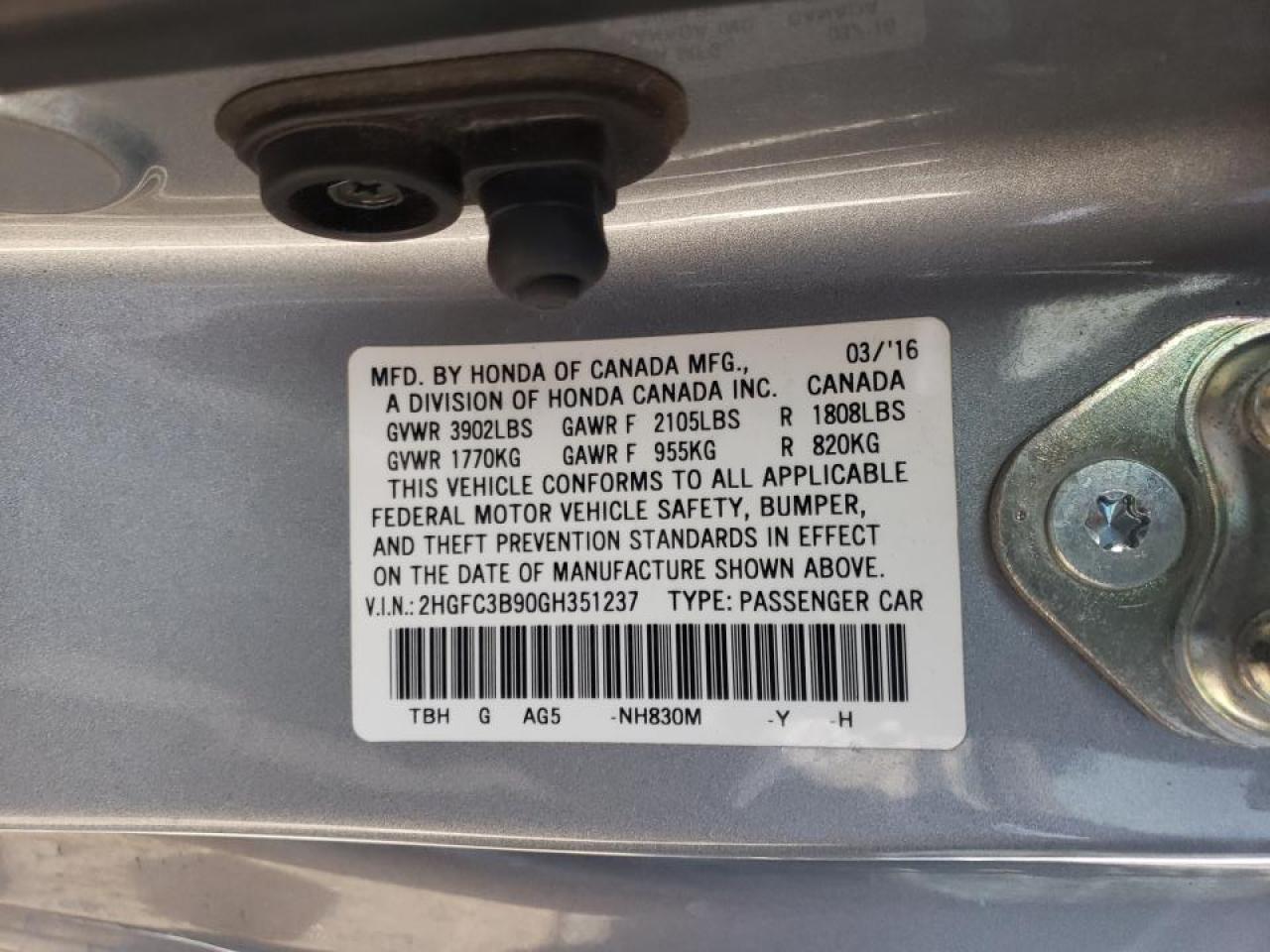 Photo 10 from auction – 2016 HONDA CIVIC TOUR with VIN 2HGFC3B90GH351237
