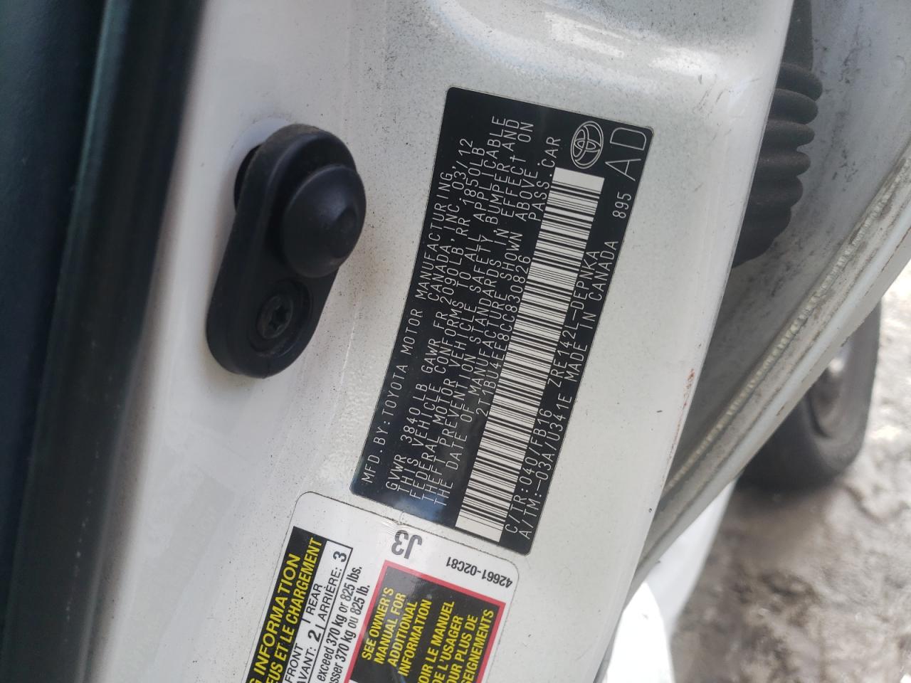 Photo 10 from auction – 2012 TOYOTA COROLLA BA with VIN 2T1BU4EE8CC830826