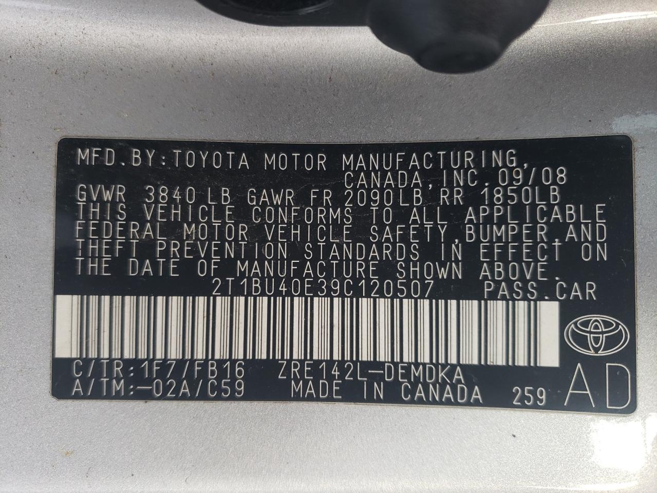 Photo 10 from auction – 2009 TOYOTA COROLLA BA with VIN 2T1BU40E39C120507