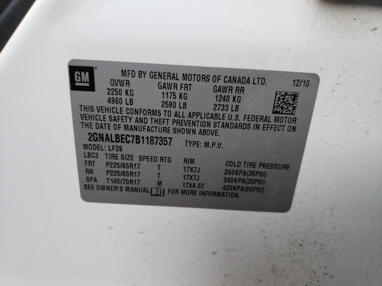 Photo 10 from auction – 2011 CHEVROLET EQUINOX LS with VIN 2GNALBEC7B1187357