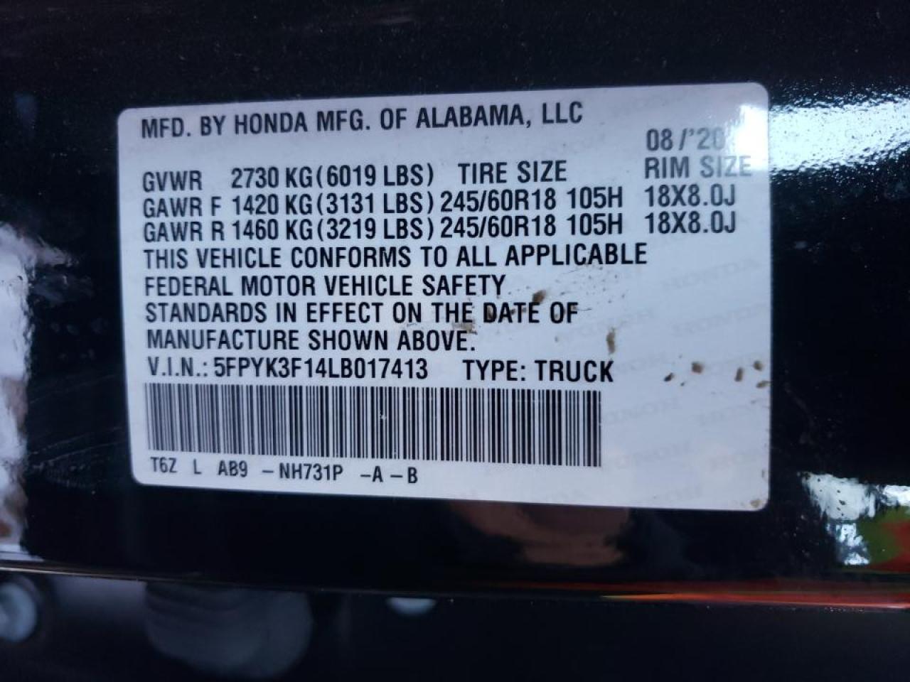 Photo 10 from auction – 2020 HONDA RIDGELINE with VIN 5FPYK3F14LB017413