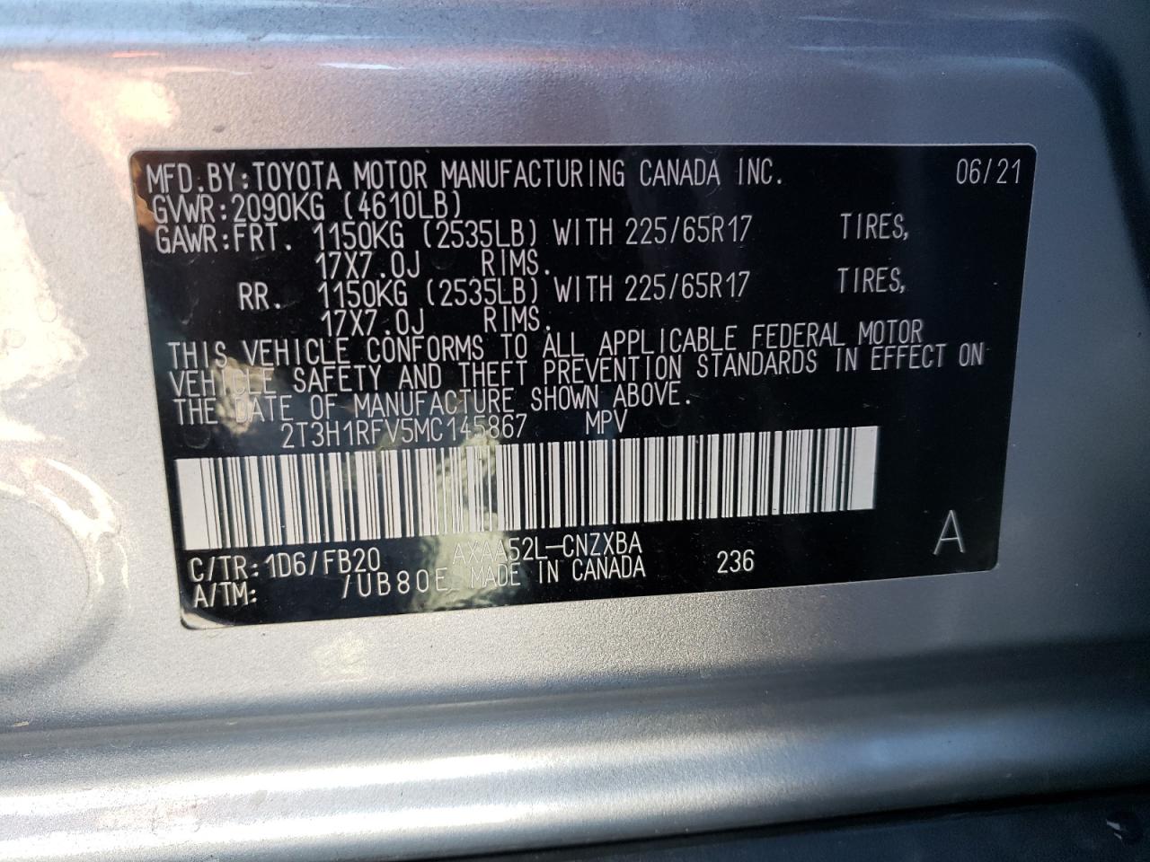 Photo 10 from auction – 2021 TOYOTA RAV4 LE with VIN 2T3H1RFV5MC145867