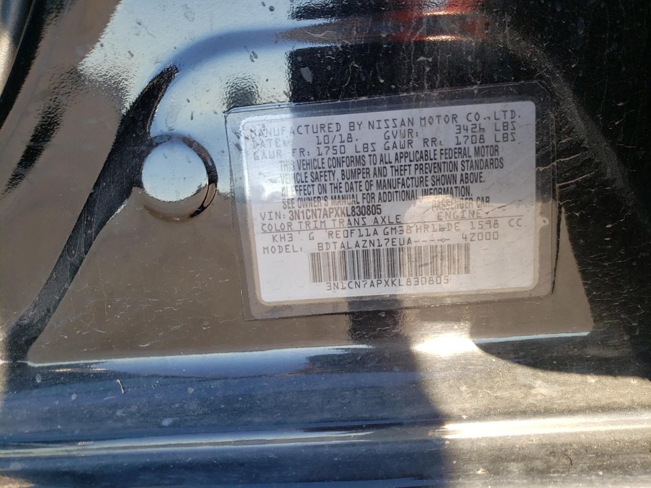 Photo 10 from auction – 2019 NISSAN VERSA S with VIN 3N1CN7APXKL830805