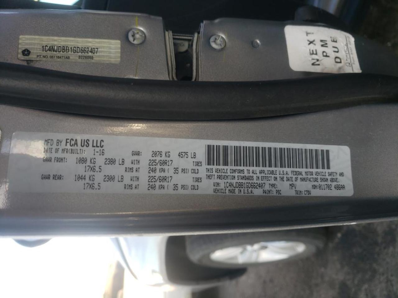 Photo 10 from auction – 2016 JEEP COMPASS SP with VIN 1C4NJDBB1GD662407