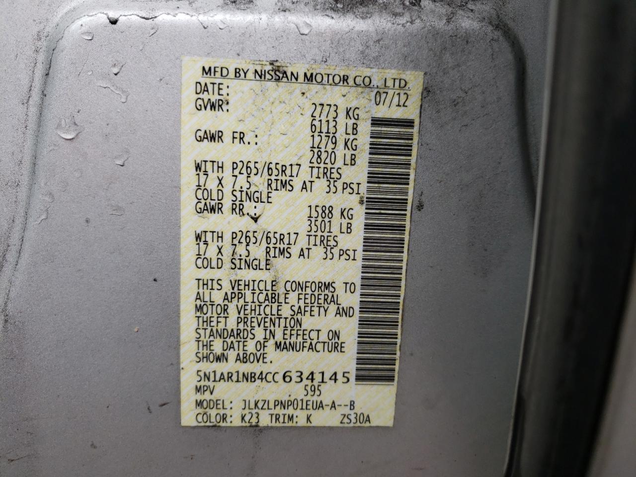 Photo 10 from auction – 2012 NISSAN PATHFINDER with VIN 5N1AR1NB4CC634145