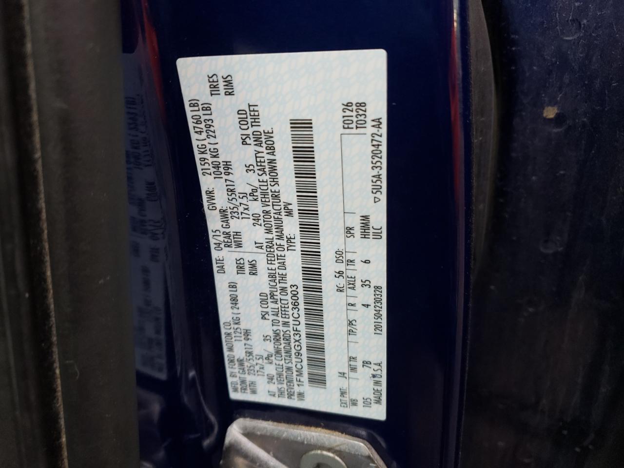 Photo 10 from auction – 2015 FORD ESCAPE SE with VIN 1FMCU9GX3FUC36003