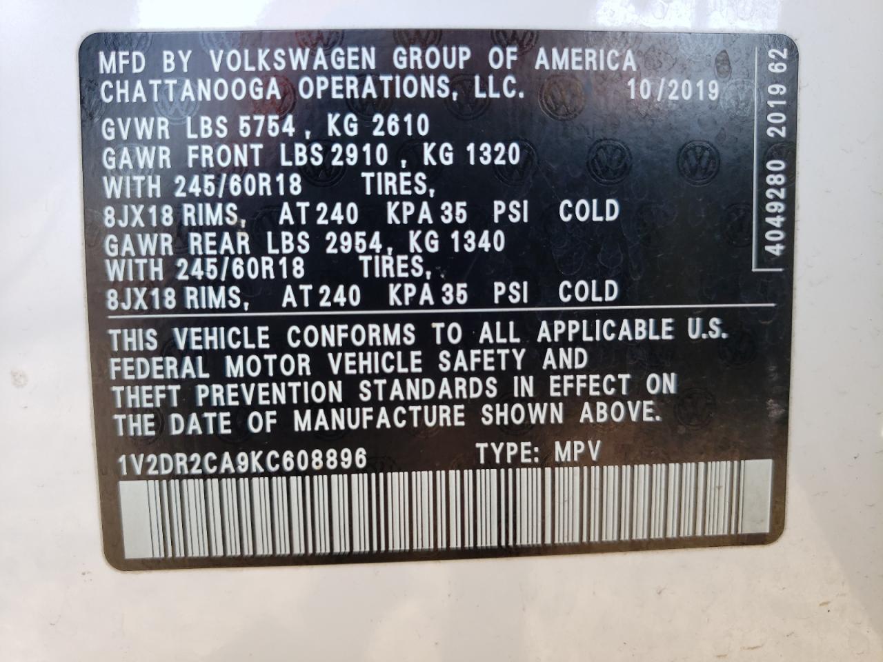 Photo 10 from auction – 2019 VOLKSWAGEN ATLAS SE with VIN 1V2DR2CA9KC608896