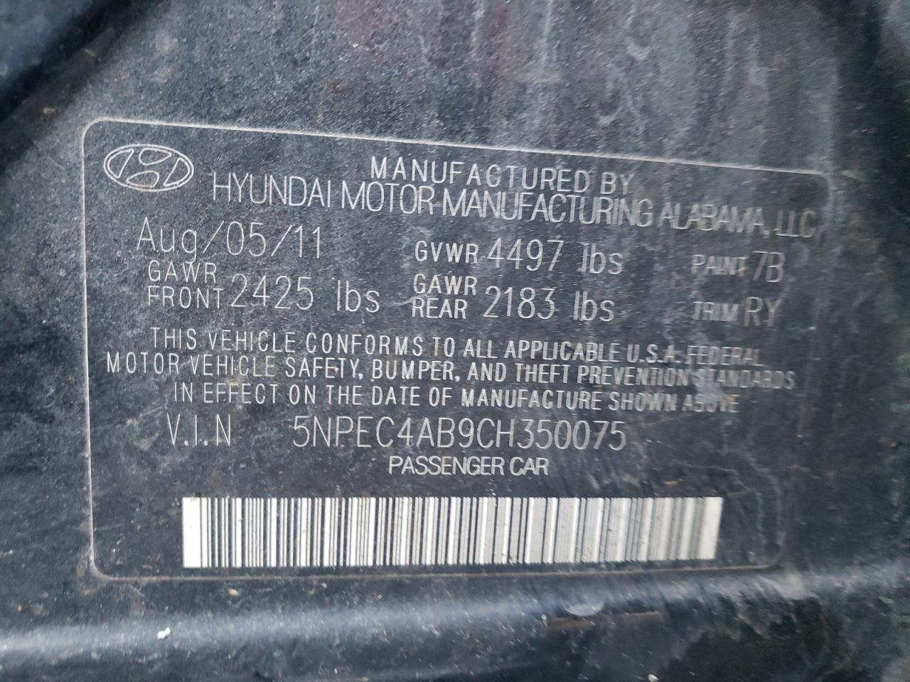 Photo 10 from auction – 2012 HYUNDAI SONATA SE with VIN 5NPEC4AB9CH350075