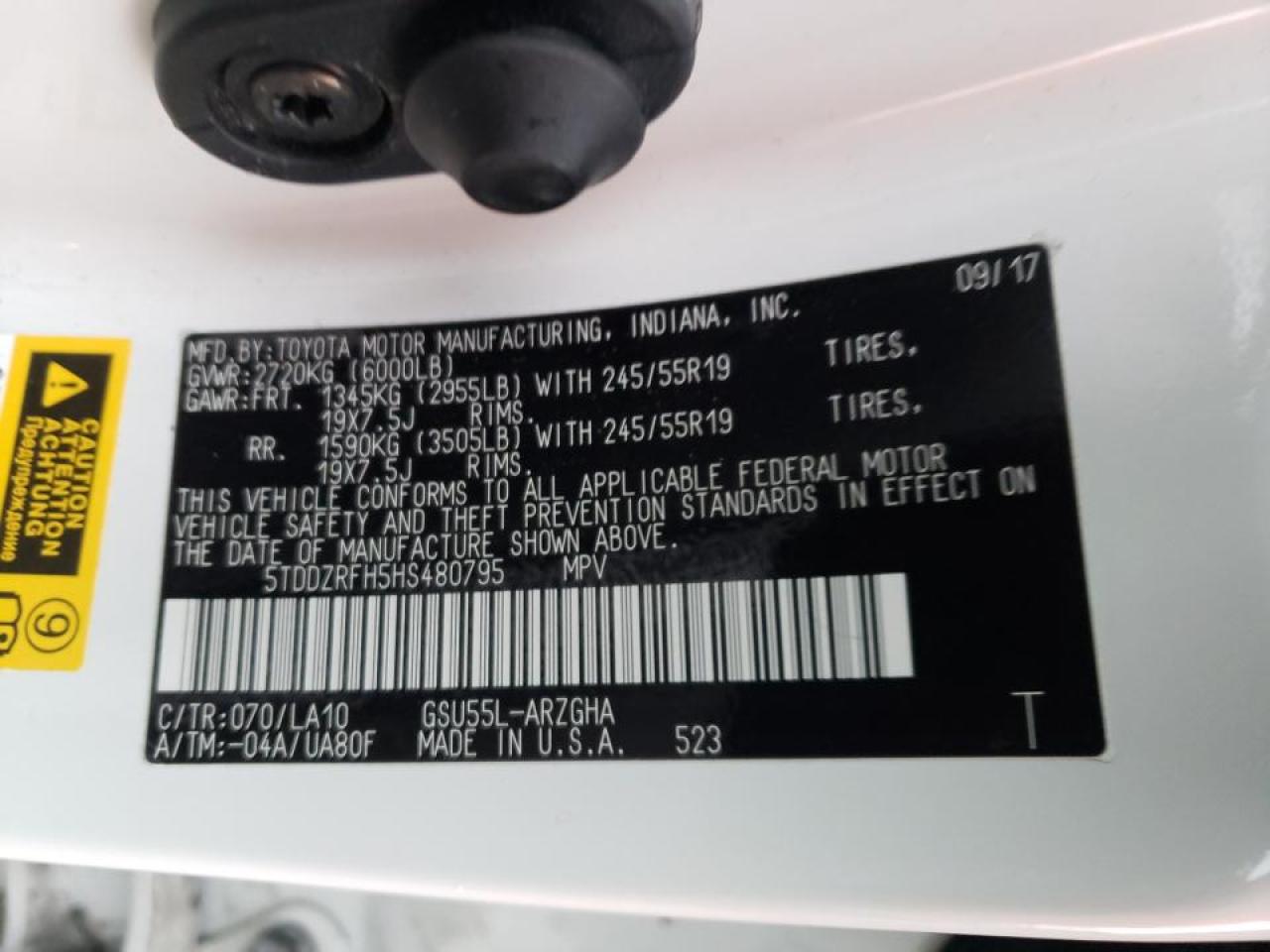 Photo 10 from auction – 2017 TOYOTA HIGHLANDER with VIN 5TDDZRFH5HS480795
