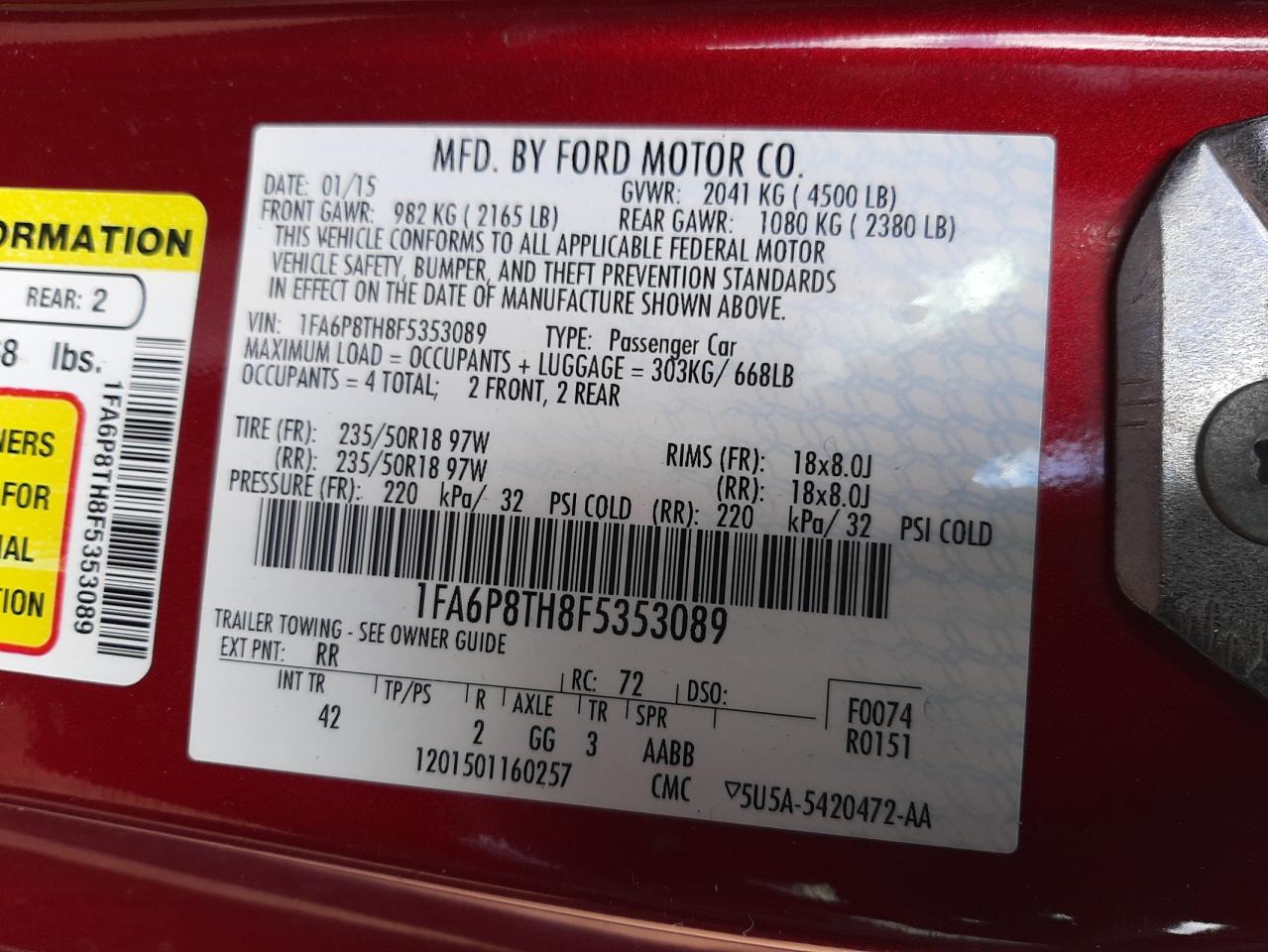 صورة رقم 10 من المزاد - 2015 FORD MUSTANG مع VIN 1FA6P8TH8F5353089