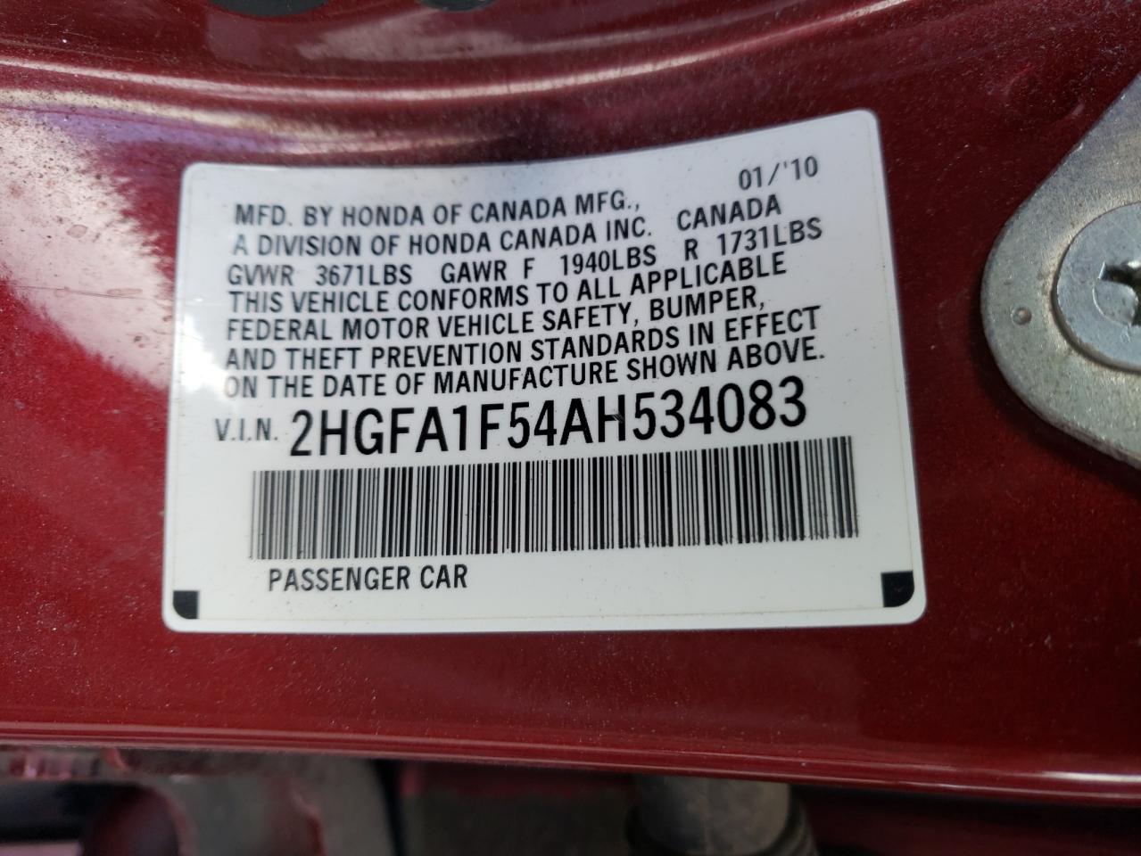 Photo 10 from auction – 2010 HONDA CIVIC LX with VIN 2HGFA1F54AH534083