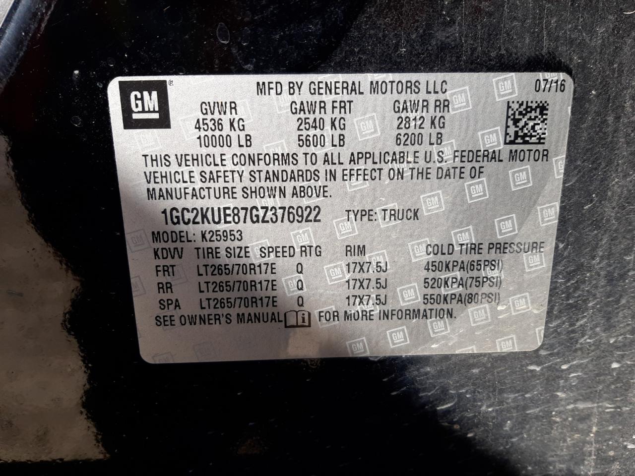 Photo 10 from auction – 2016 CHEVROLET SILVERADO with VIN 1GC2KUE87GZ376922