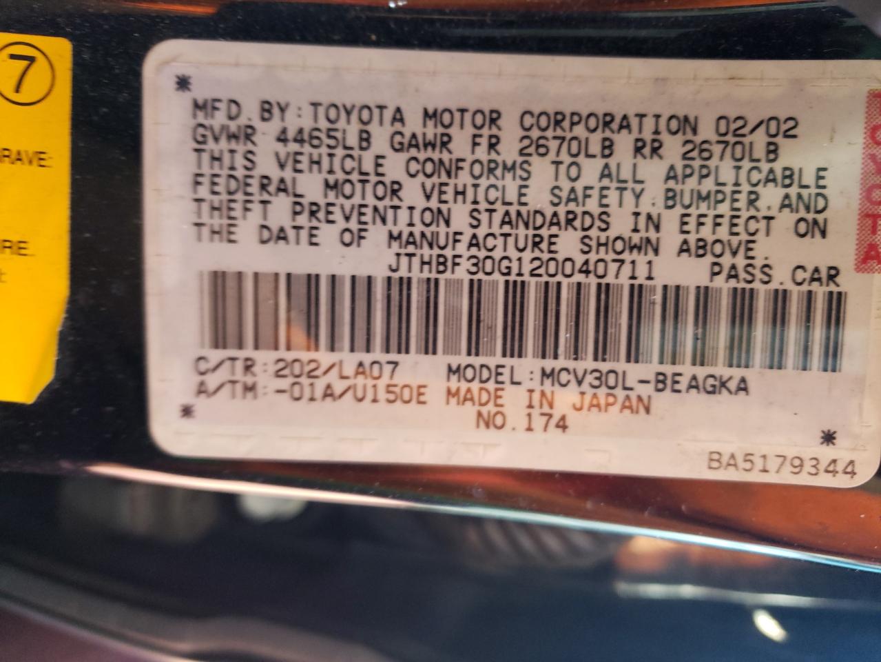 Photo 10 from auction – 2002 LEXUS ES 300 with VIN JTHBF30G120040711