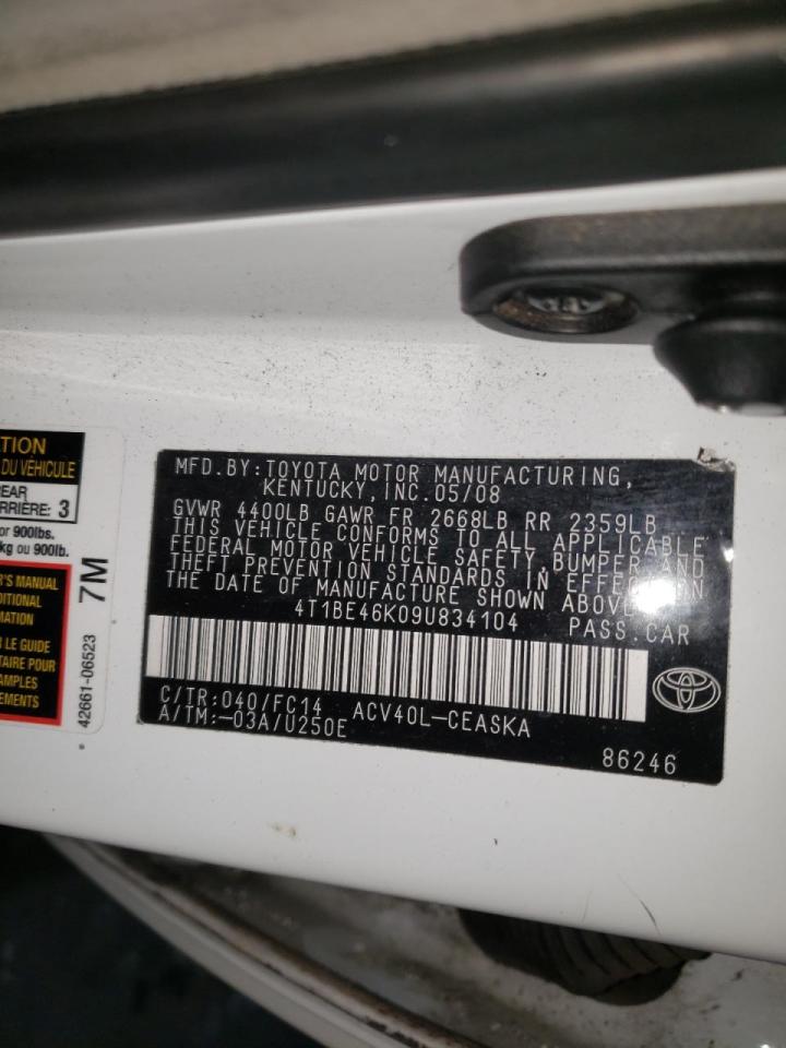 Photo 10 from auction – 2009 TOYOTA CAMRY BASE with VIN 4T1BE46K09U834104