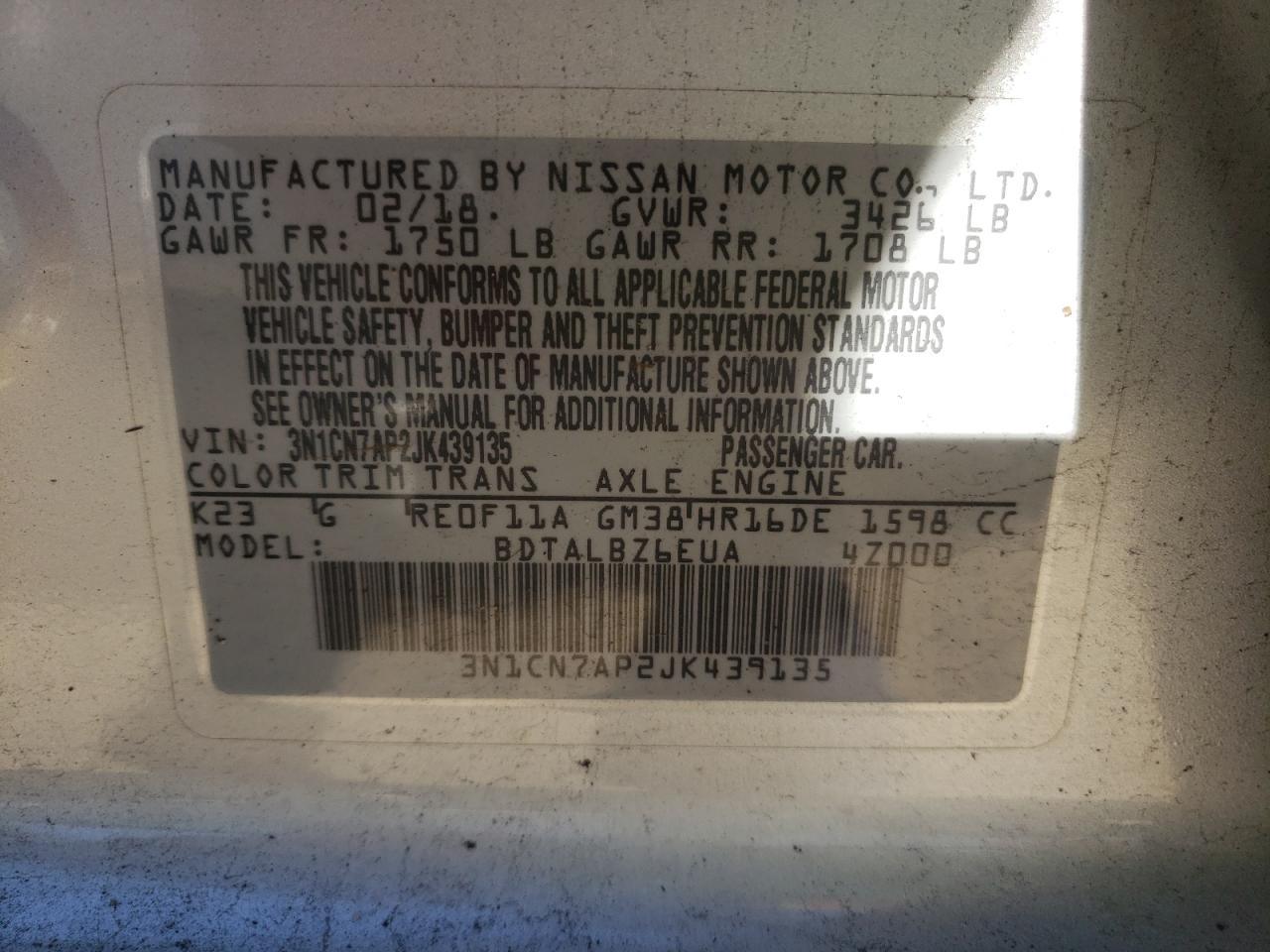 Photo 10 from auction – 2018 NISSAN VERSA S with VIN 3N1CN7AP2JK439135