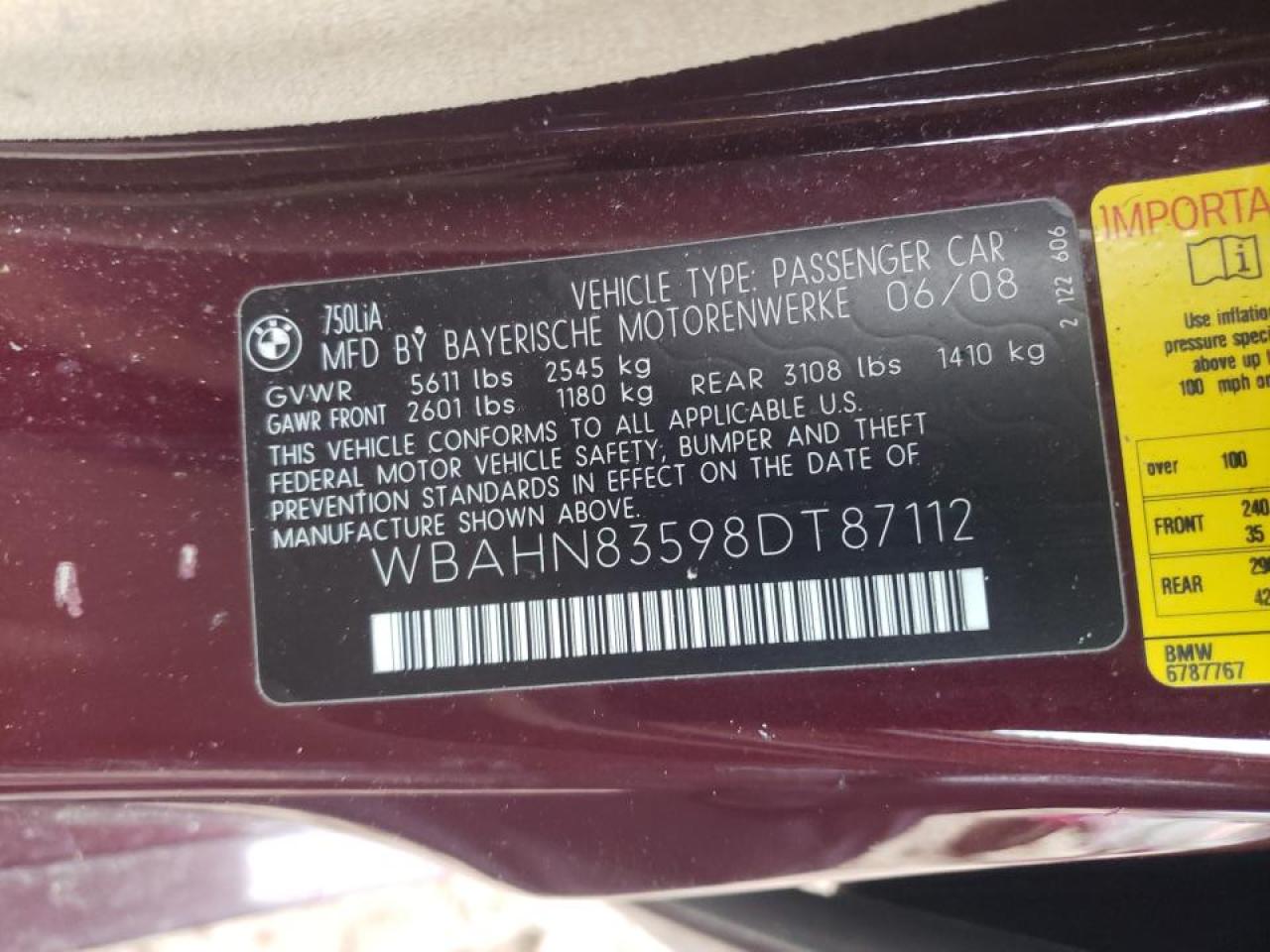 Photo 10 from auction – 2008 BMW 750 LI with VIN WBAHN83598DT87112