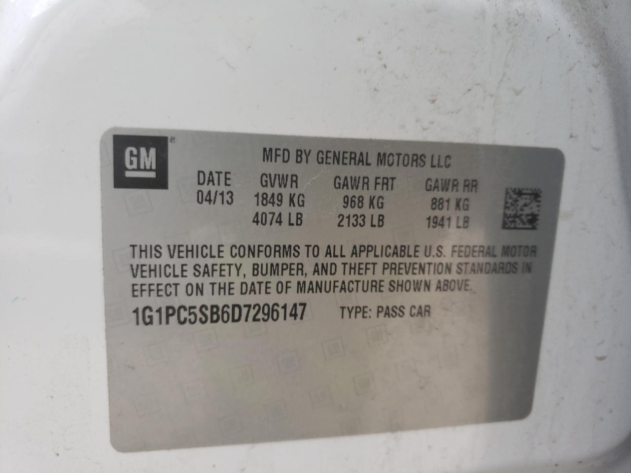 Photo 10 from auction – 2013 CHEVROLET CRUZE LT with VIN 1G1PC5SB6D7296147