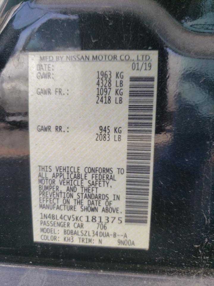 Photo 10 from auction – 2019 NISSAN ALTIMA SR with VIN 1N4BL4CV5KC181375