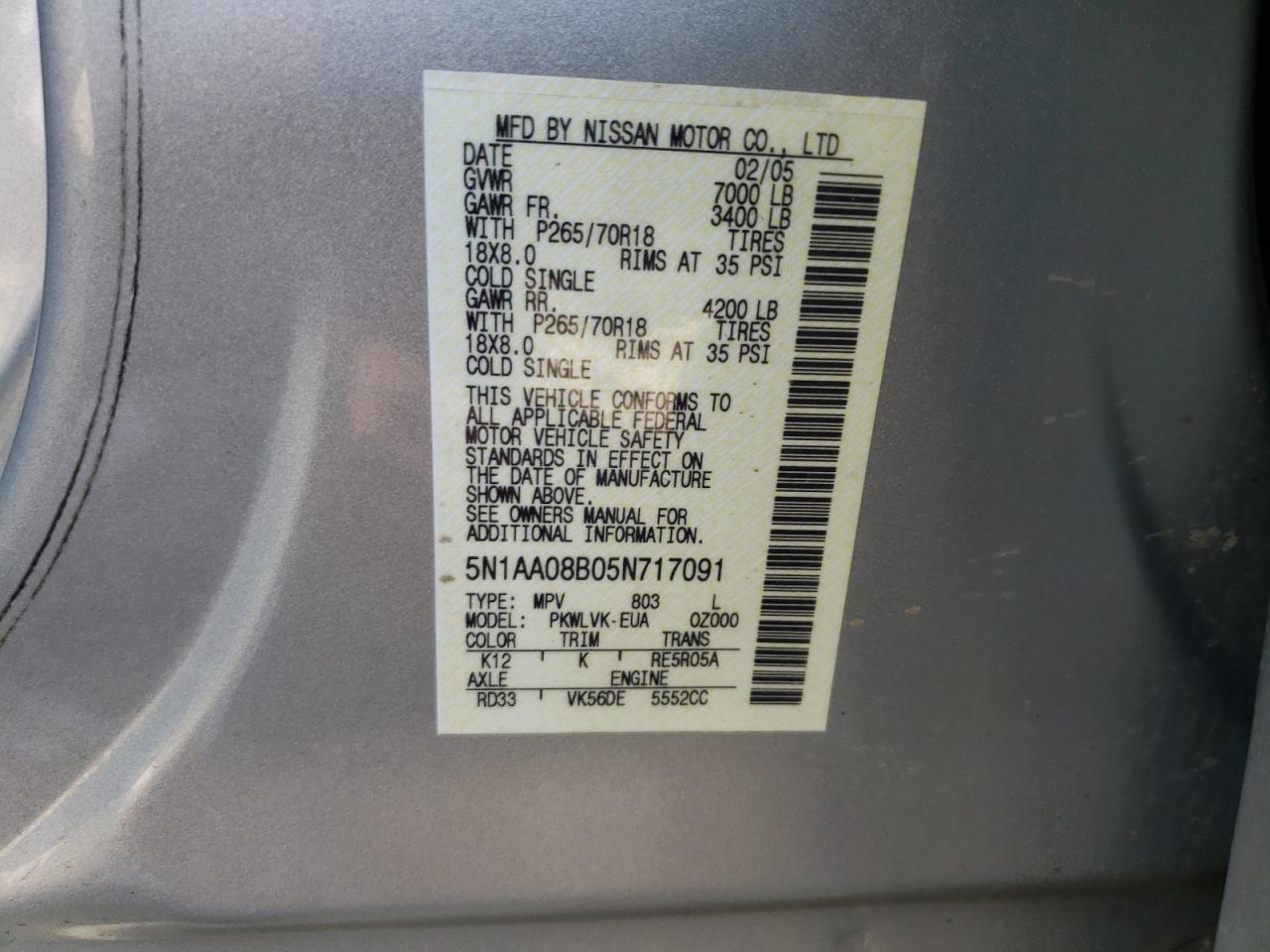Photo 10 from auction – 2005 NISSAN ARMADA SE with VIN 5N1AA08B05N717091