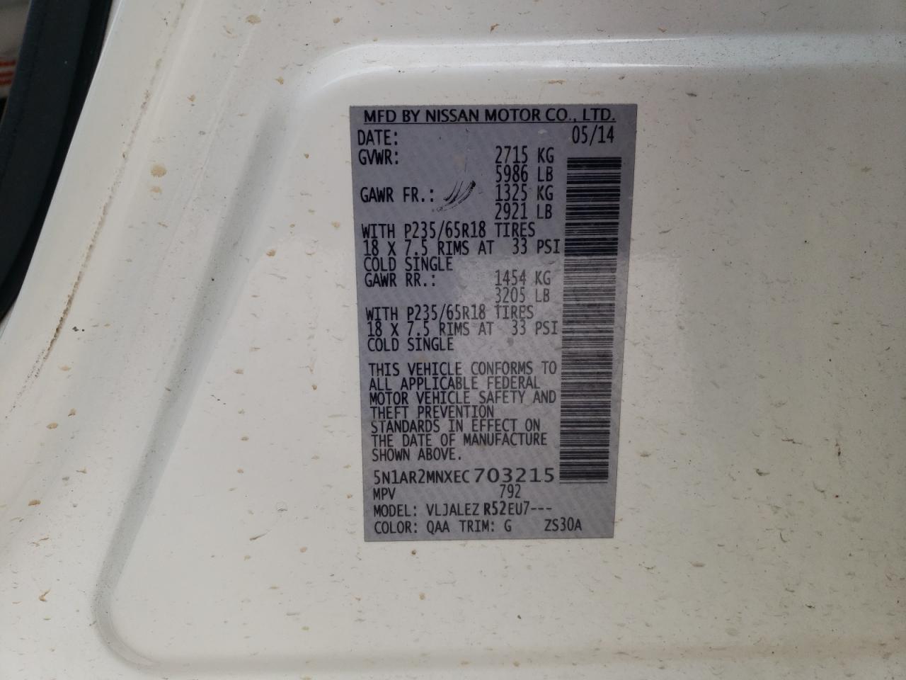Photo 10 from auction – 2014 NISSAN PATHFINDER with VIN 5N1AR2MNXEC703215