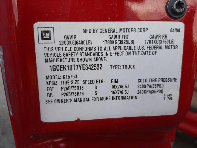 Photo 10 from auction – 2000 CHEVROLET SILVERADO with VIN 1GCEK19T7YE342532