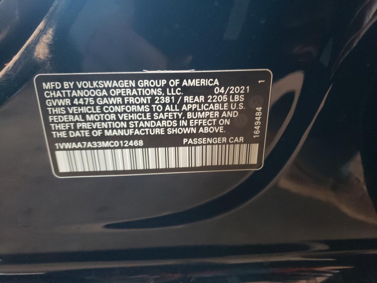 Photo 10 from auction – 2021 VOLKSWAGEN PASSAT S with VIN 1VWAA7A33MC012468