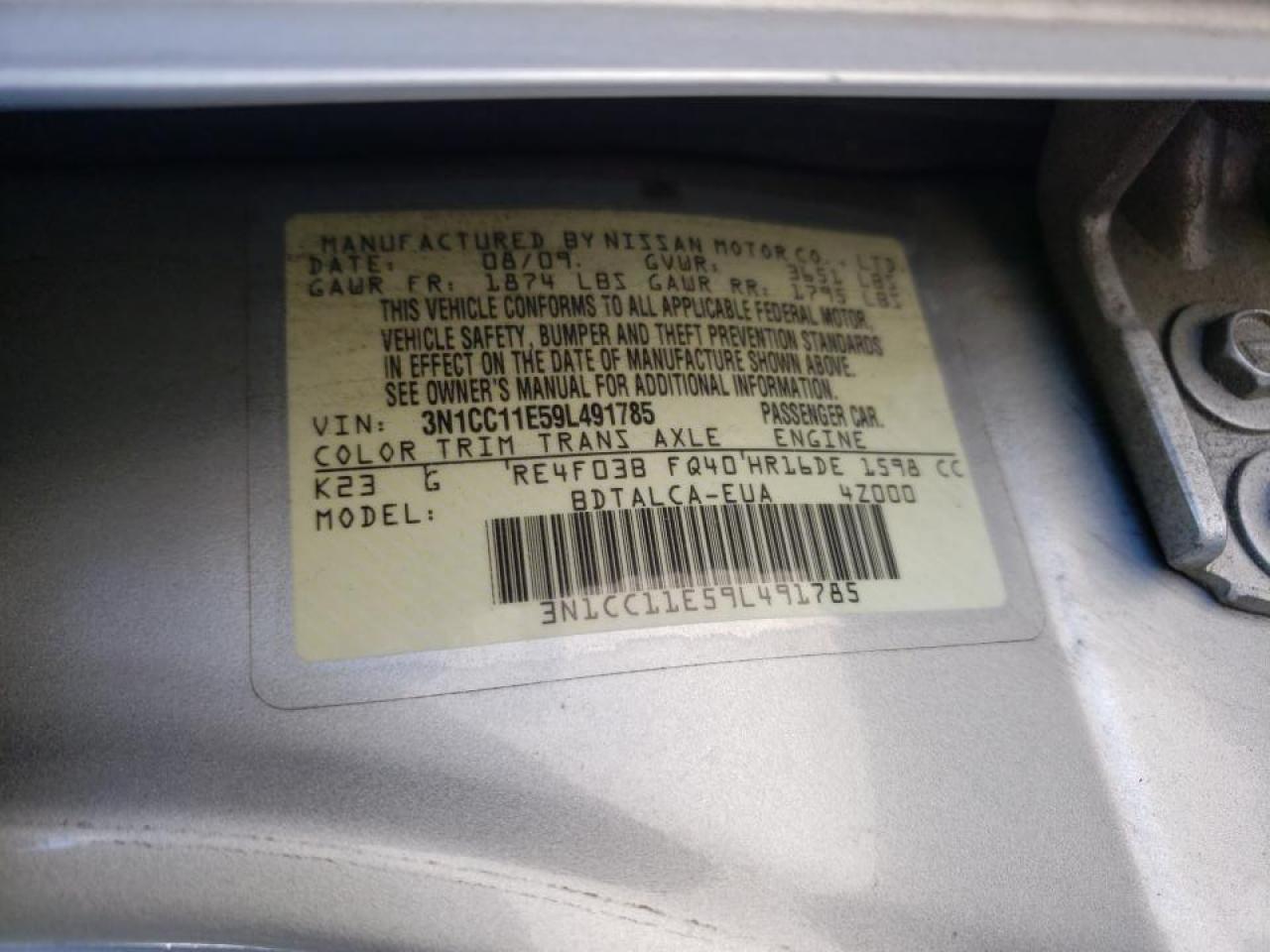 Photo 10 from auction – 2009 NISSAN VERSA S with VIN 3N1CC11E59L491785