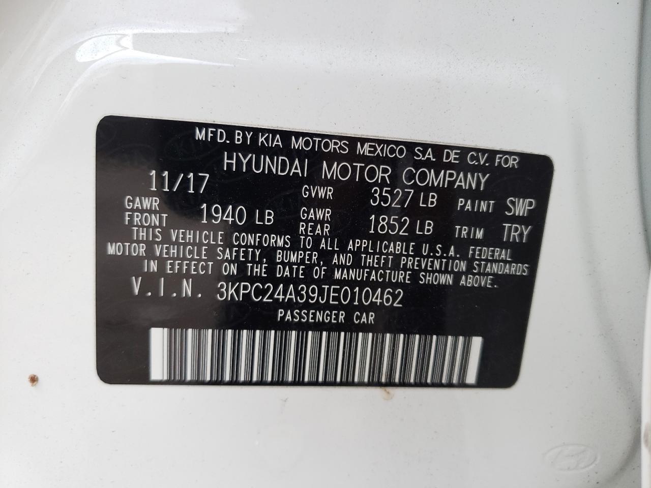 Photo 10 from auction – 2018 HYUNDAI ACCENT SE with VIN 3KPC24A39JE010462