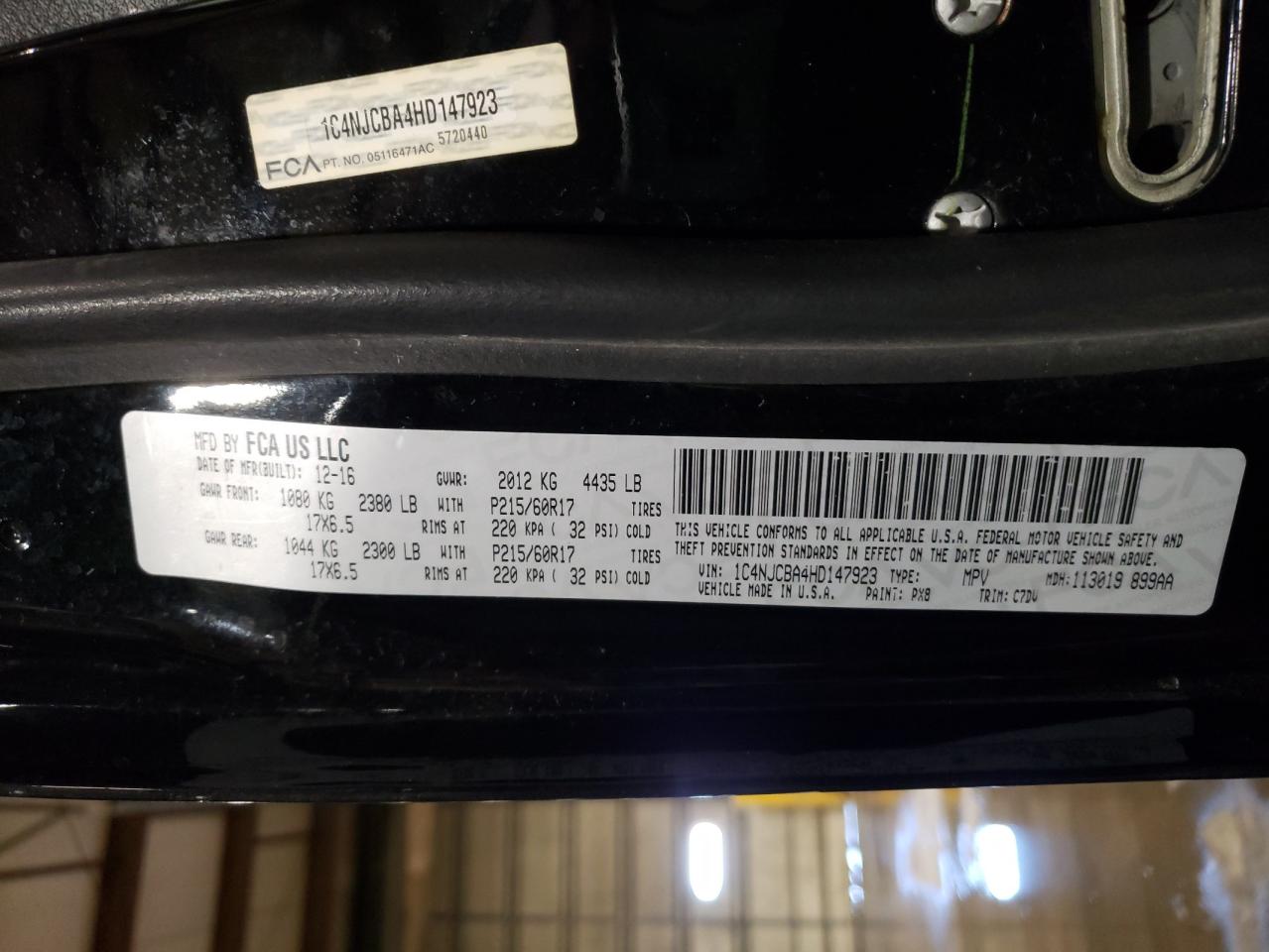 Photo 10 from auction – 2017 JEEP COMPASS SP with VIN 1C4NJCBA4HD147923