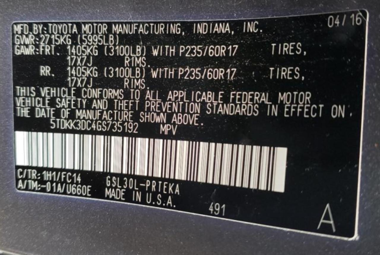 Photo 10 from auction – 2016 TOYOTA SIENNA LE with VIN 5TDKK3DC4GS735192