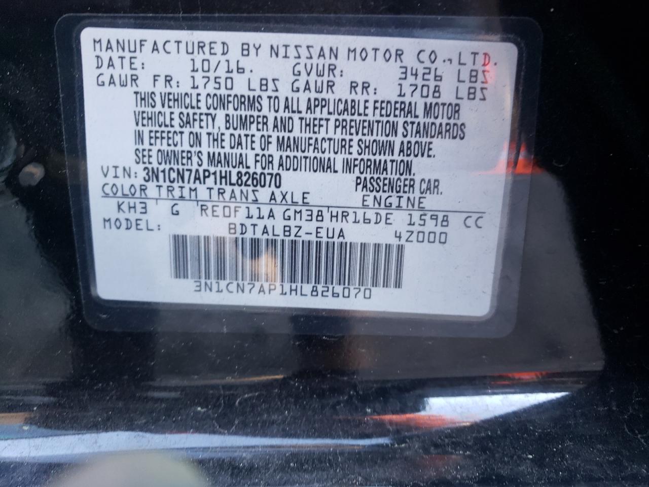 Zdjęcie 10 z aukcji – 2017 NISSAN VERSA S z VIN 3N1CN7AP1HL826070