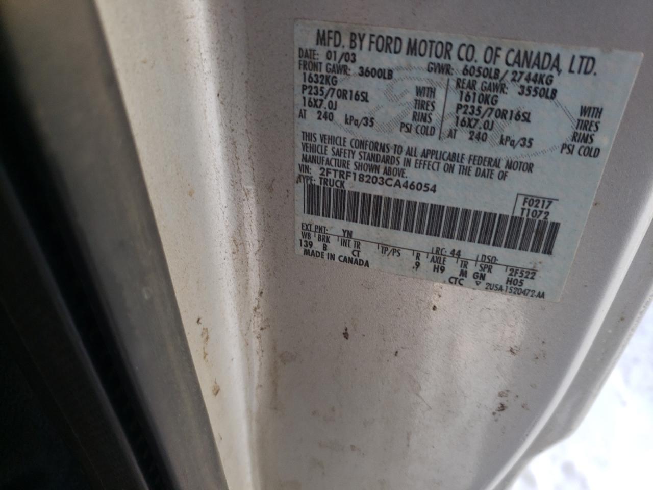 Photo 10 from auction – 2003 FORD F150 with VIN 2FTRF18203CA46054