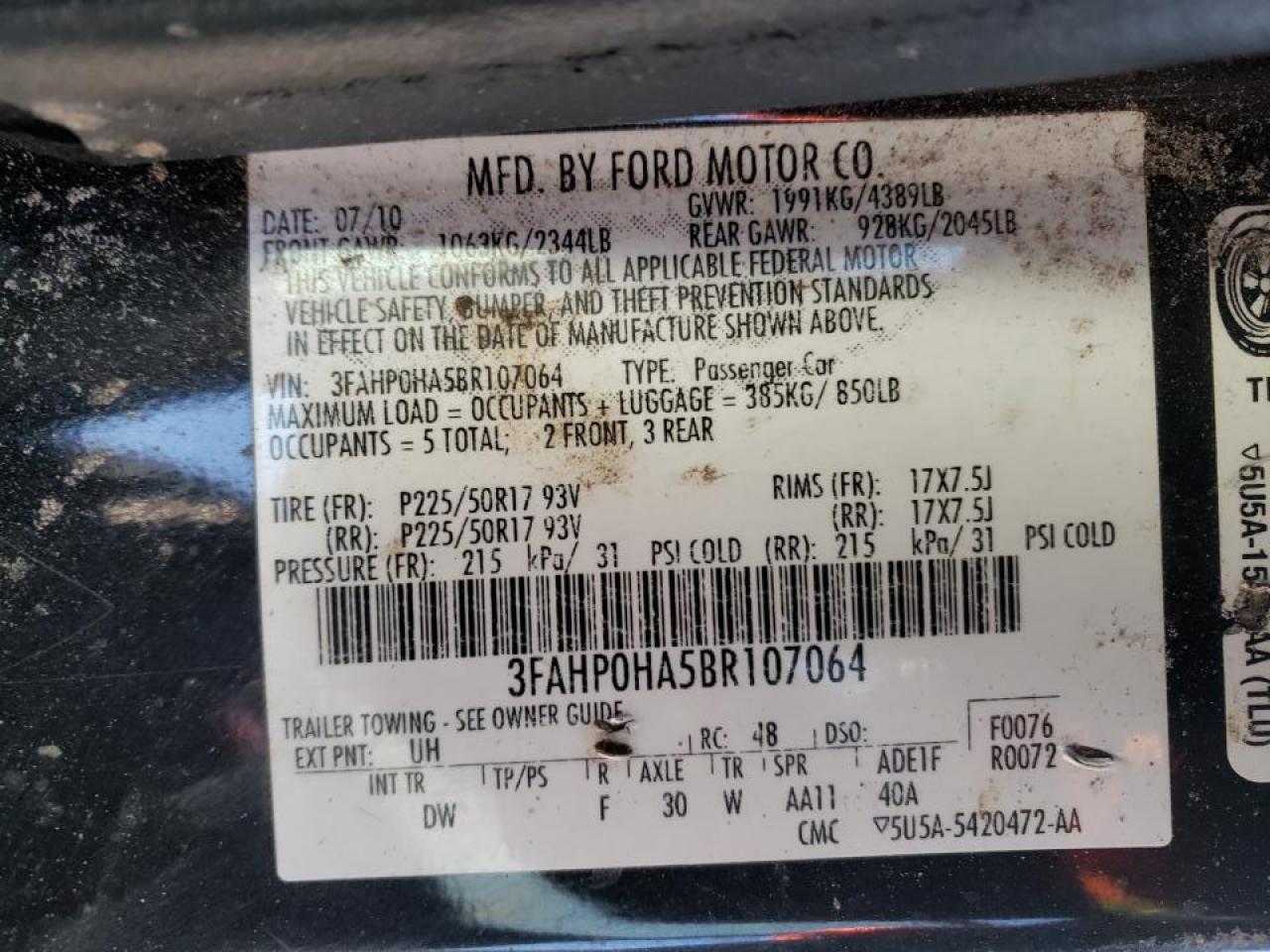 Photo 10 from auction – 2011 FORD FUSION SE with VIN 3FAHP0HA5BR107064
