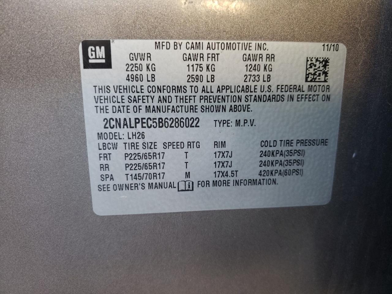 Photo 10 from auction – 2011 CHEVROLET EQUINOX LT with VIN 2CNALPEC5B6286022