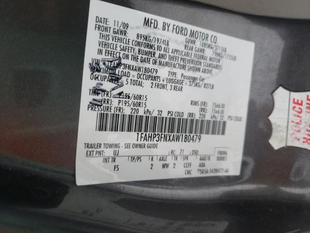Photo 10 from auction – 2010 FORD FOCUS SE with VIN 1FAHP3FNXAW180479