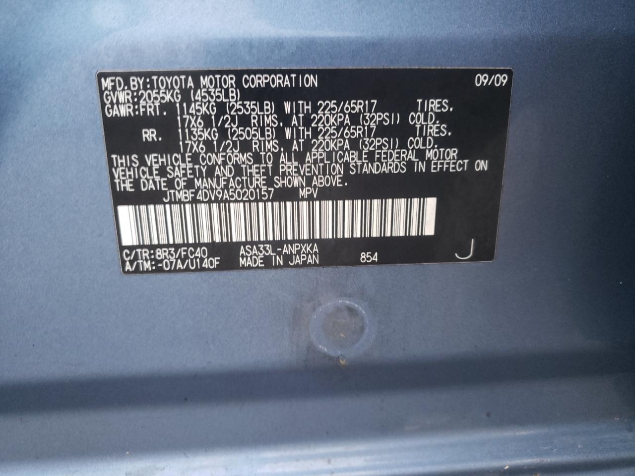Photo 10 from auction – 2010 TOYOTA RAV4 with VIN JTMBF4DV9A5020157