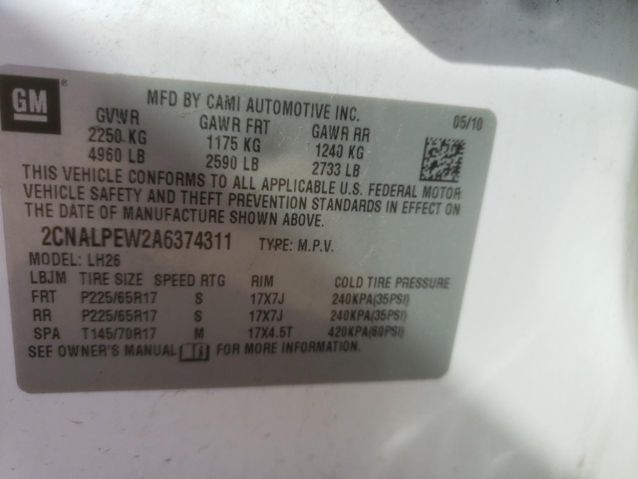 Photo 10 from auction – 2010 CHEVROLET EQUINOX LT with VIN 2CNALPEW2A6374311