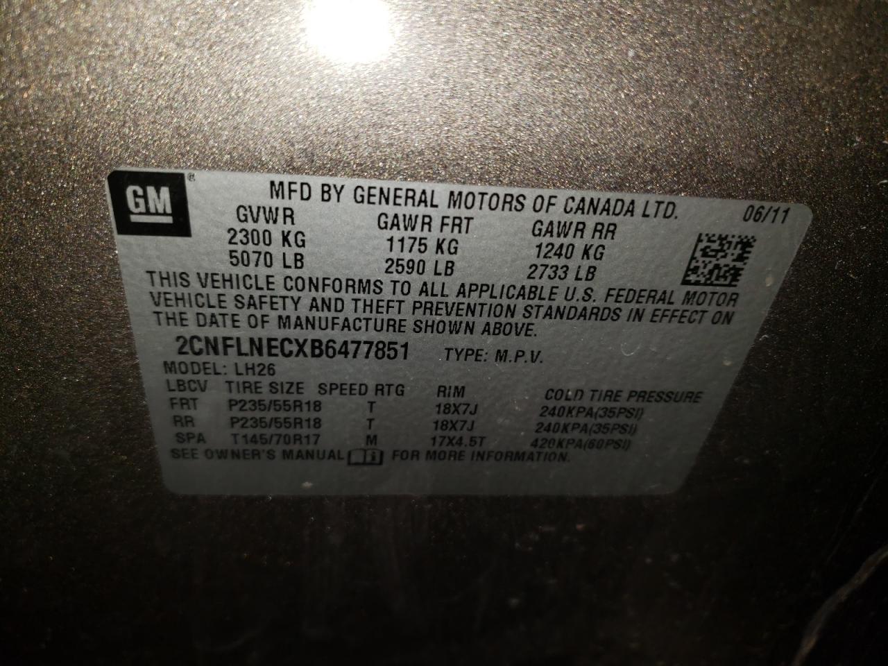Photo 10 from auction – 2011 CHEVROLET EQUINOX LT with VIN 2CNFLNECXB6477851