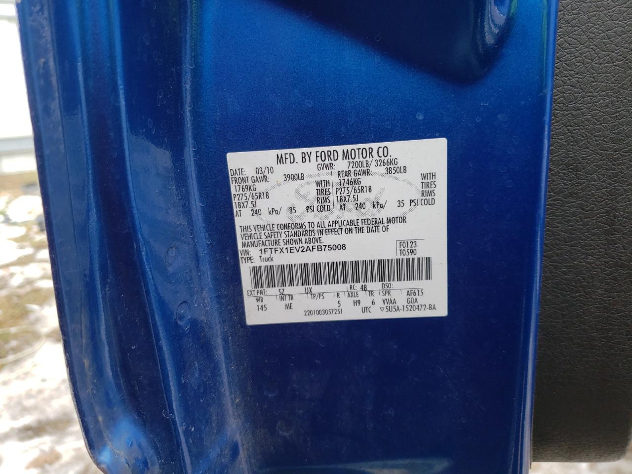 Photo 10 from auction – 2010 FORD F150 SUPER with VIN 1FTFX1EV2AFB75008