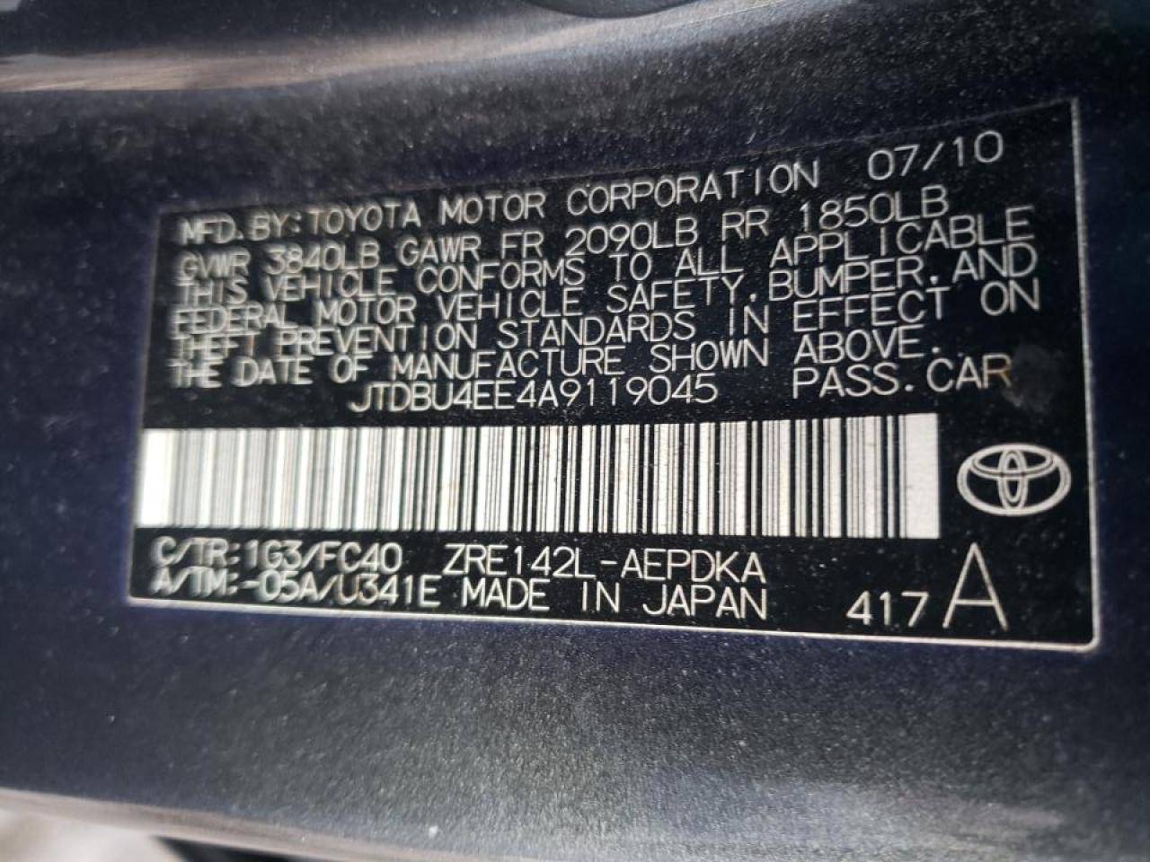 Photo 10 from auction – 2010 TOYOTA COROLLA BA with VIN JTDBU4EE4A9119045