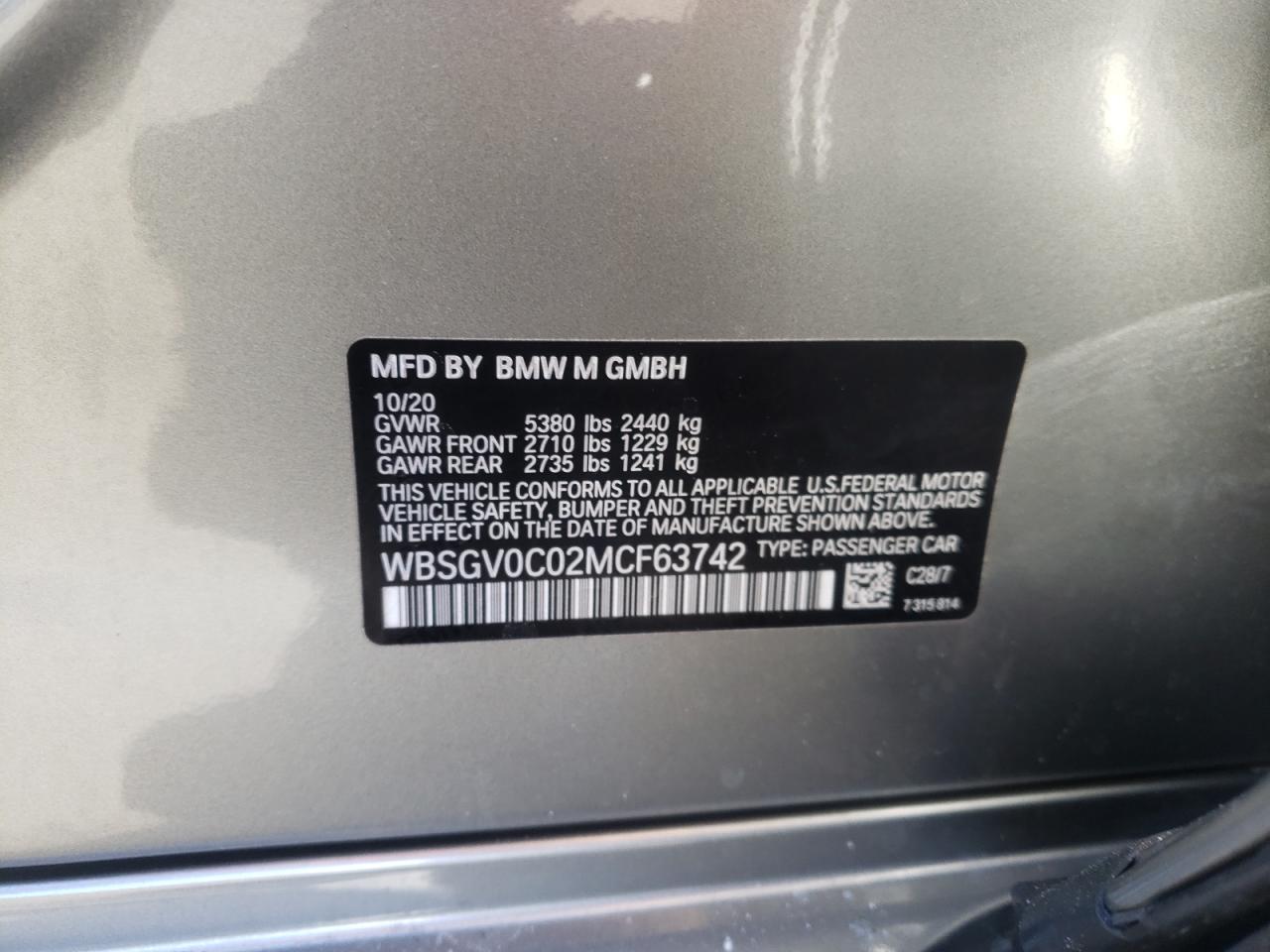 Photo 10 from auction – 2021 BMW M8 with VIN WBSGV0C02MCF63742