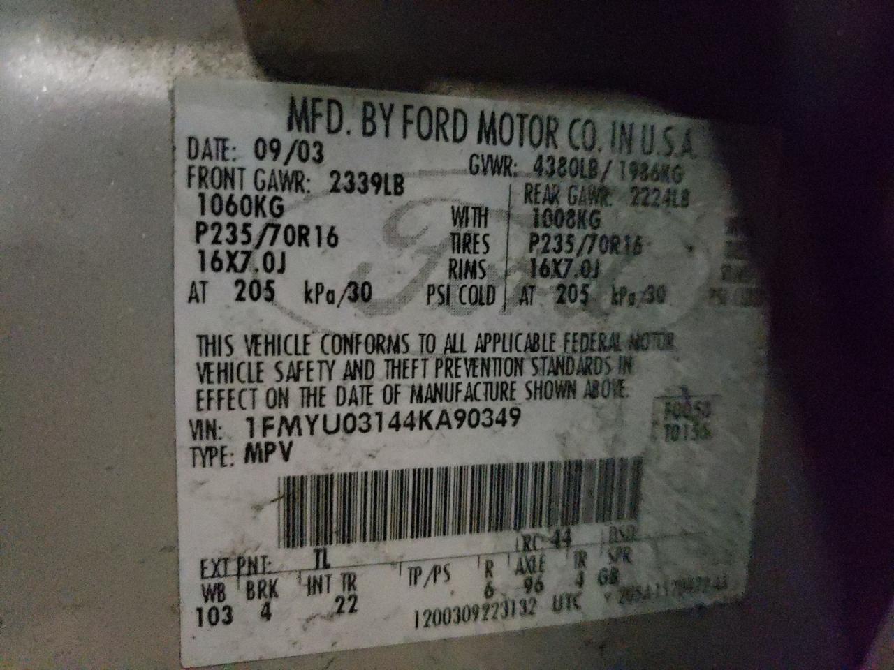 Photo 10 from auction – 2004 FORD ESCAPE XLT with VIN 1FMYU03144KA90349