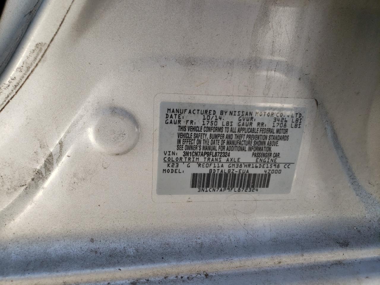 Photo 10 from auction – 2015 NISSAN VERSA S with VIN 3N1CN7AP9FL872324