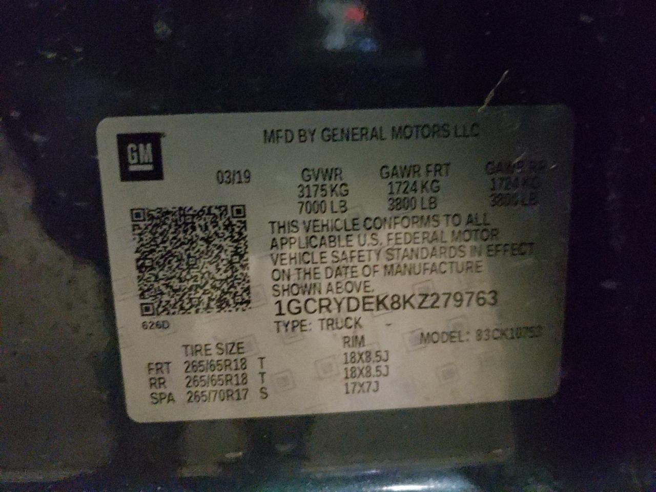 Photo 10 from auction – 2019 CHEVROLET SILVERADO with VIN 1GCRYDEK8KZ279763