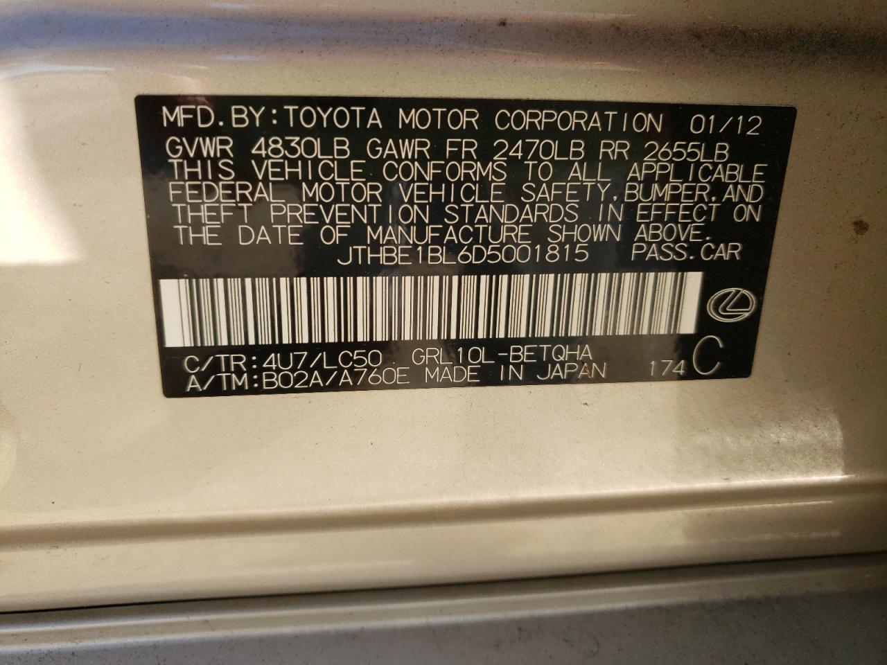 Photo 10 from auction – 2013 LEXUS GS 350 with VIN JTHBE1BL6D5001815
