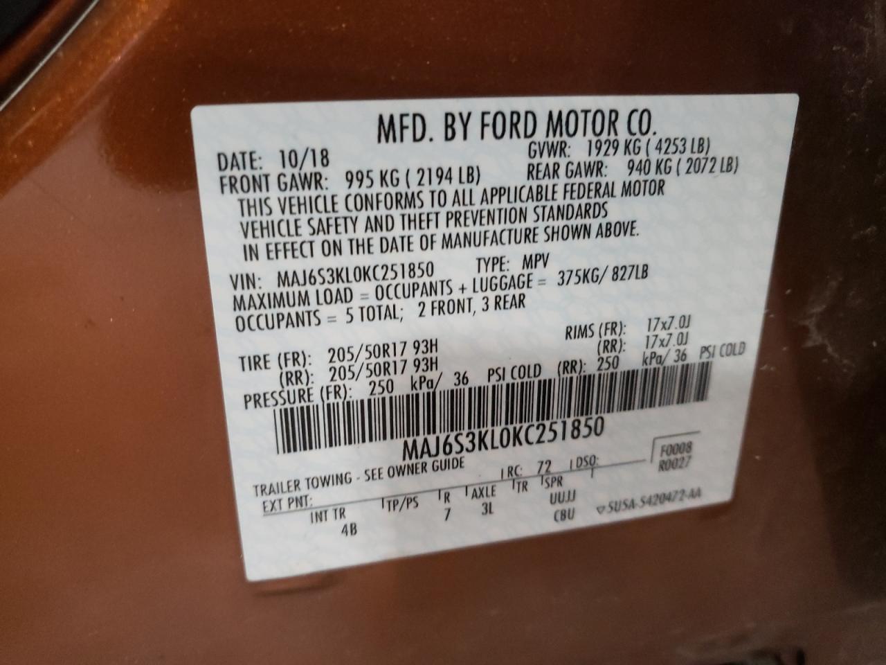 Photo 10 from auction – 2019 FORD ECOSPORT T with VIN MAJ6S3KL0KC251850