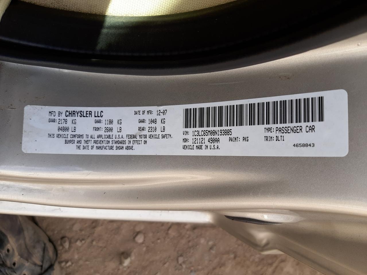 Photo 10 from auction – 2008 CHRYSLER SEBRING LI with VIN 1C3LC65M08N193885