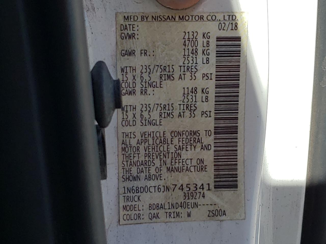 Photo 10 from auction – 2018 NISSAN FRONTIER S with VIN 1N6BD0CT6JN745341